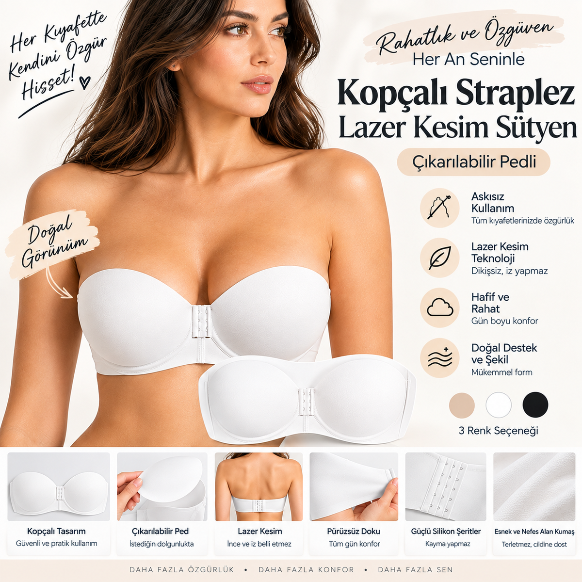 Kopçalı Straplez Lazer Kesim Sütyen