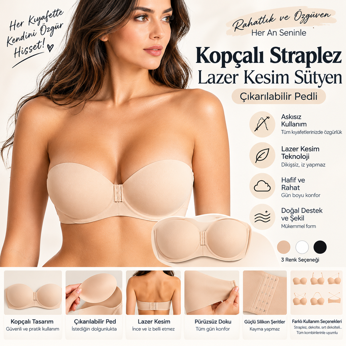 Kopçalı Straplez Lazer Kesim Sütyen