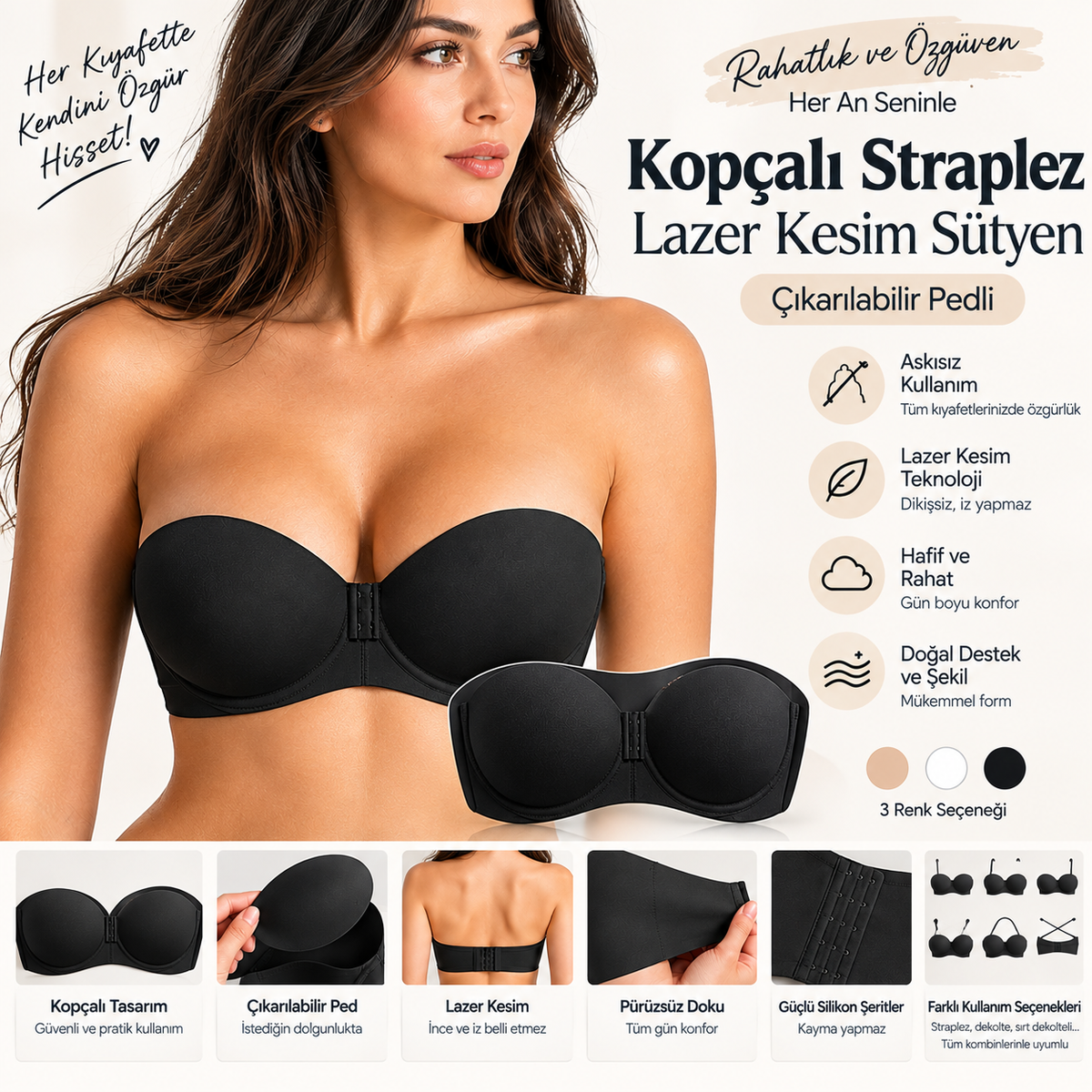Kopçalı Straplez Lazer Kesim Sütyen
